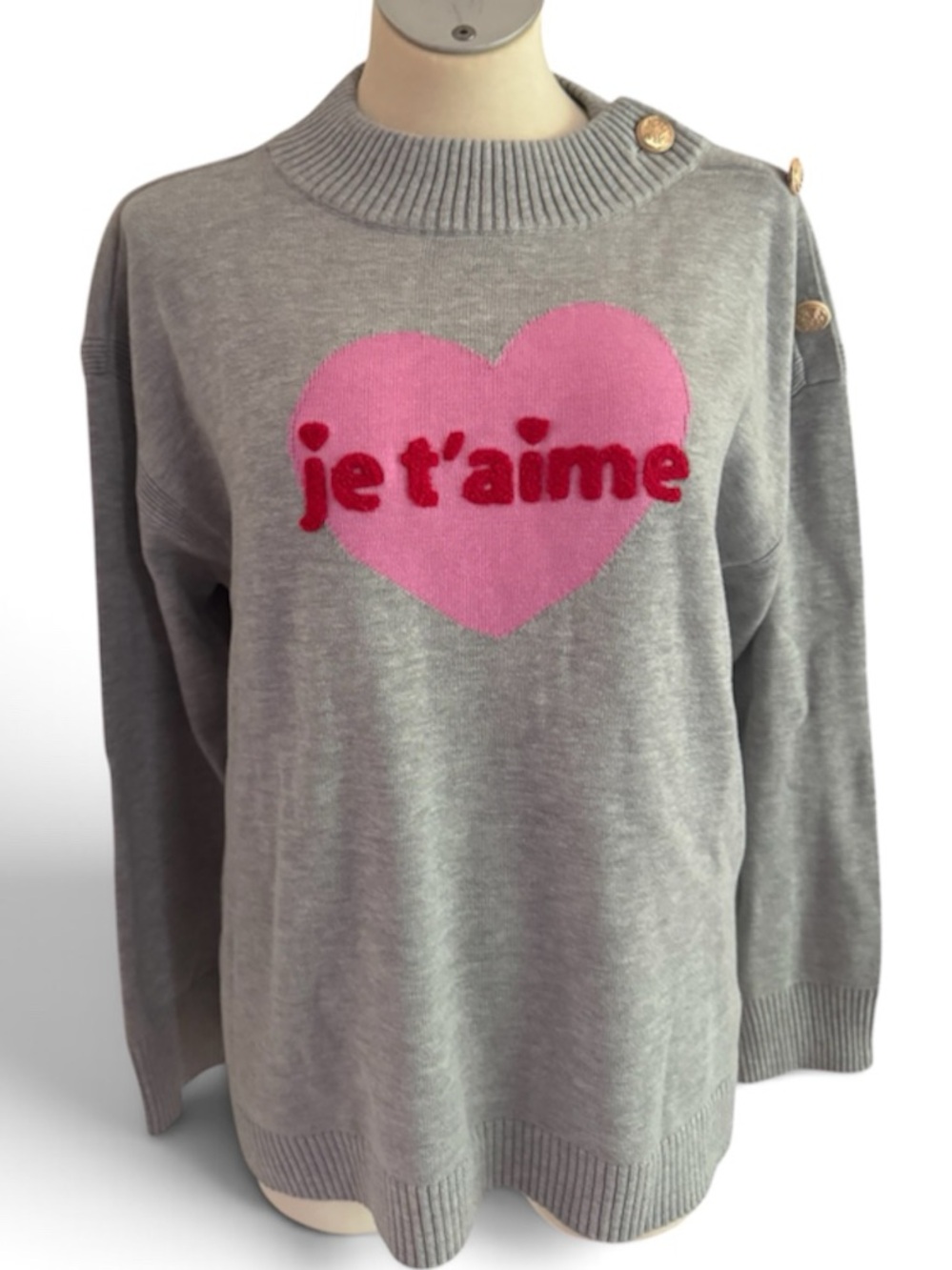 NWT Talbots Large Gray Sweater with Pink Heart "je t'aime"